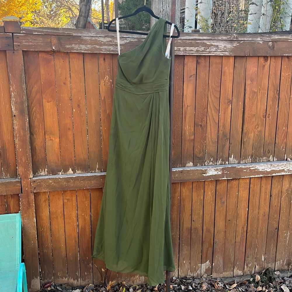 Azazie olive green one shoulder dress